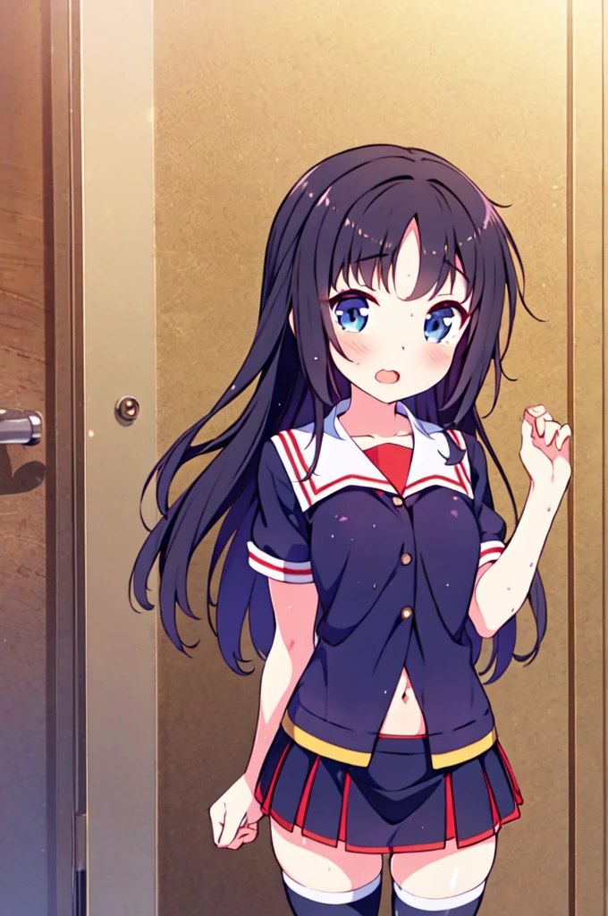 master piace, best quality,ultra hyper-detailed,8K_wall paper,(Beautiful eyes),((a cute)),(Wonderful),(erotick),anime moe art style,1girl in,独奏,,Mini skirt,1girl in,,black har,shirts,Long hair,,Navel,,Small breasts,,(((zettai ryouiki))),Wet T-shirt:1.5,Short sleeves,Open mouth,double tooth,