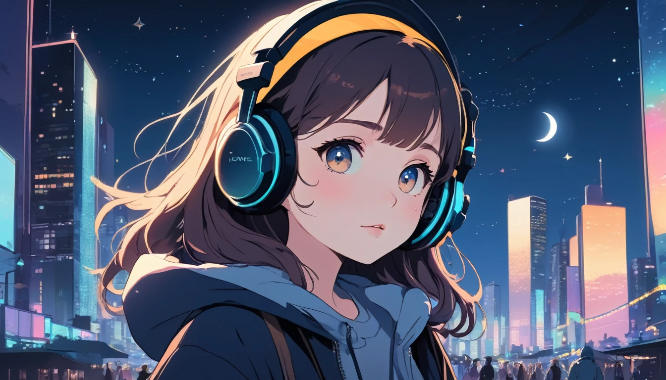 Girl wearing headphones and looking left,City of night, Wide-angle lens, Lofi Anime, Lofi illustration, Aesthetic atmosphere, Lo-Fi Style, Vector art, Flat Design, Simple shape, Warm tones, Pleasant atmosphere, Chill, In anime style, Digital drawing, Vector art, Vector logo for t-shirt printing, (Adorable:1.5), (small:1.4), (Playful:1.2), (soft:1.3), (Whimsical:1.1), masterpiece, Highest quality, 8K, Intricate details, grow, Celestial, Mysterious, Picturesque, amazing, Majestic, Magic, Fantasy art, Cover art, dream-like