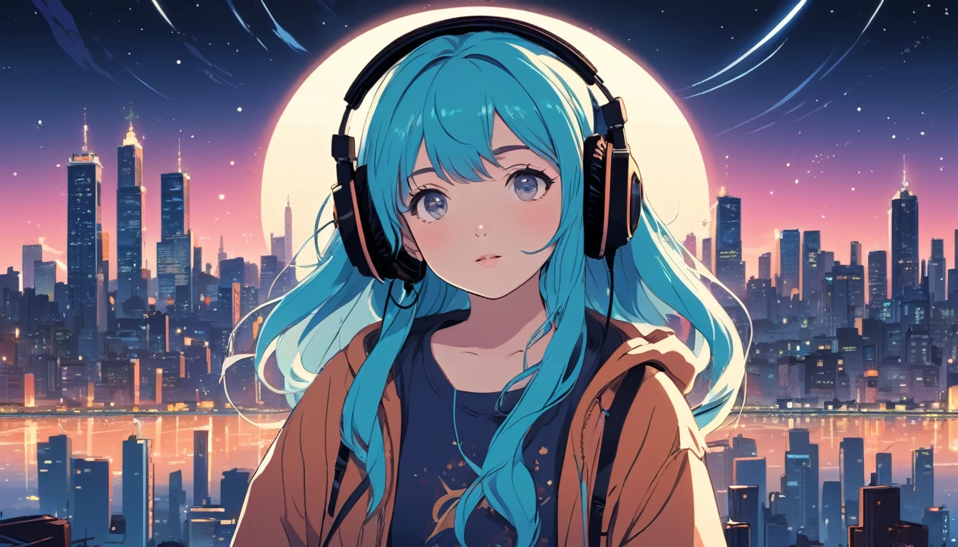 Girl wearing headphones and looking left,City of night, Wide-angle lens, Lofi Anime, Lofi illustration, Aesthetic atmosphere, Lo-Fi Style, Vector art, Flat Design, Simple shape, Warm tones, Pleasant atmosphere, Chill, In anime style, Digital drawing, Vector art, Vector logo for t-shirt printing, (Adorable:1.5), (small:1.4), (Playful:1.2), (soft:1.3), (Whimsical:1.1), masterpiece, Highest quality, 8K, Intricate details, grow, Celestial, Mysterious, Picturesque, amazing, Majestic, Magic, Fantasy art, Cover art, dream-like