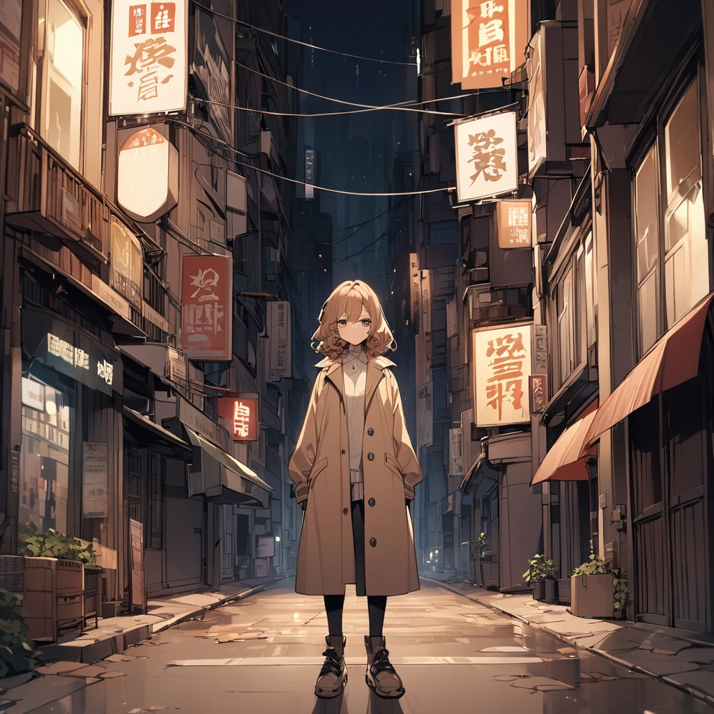 A girl with brown, wavy bob hair wearing a dark beige coat。Night in the city、City、building　walk　whole body　tough