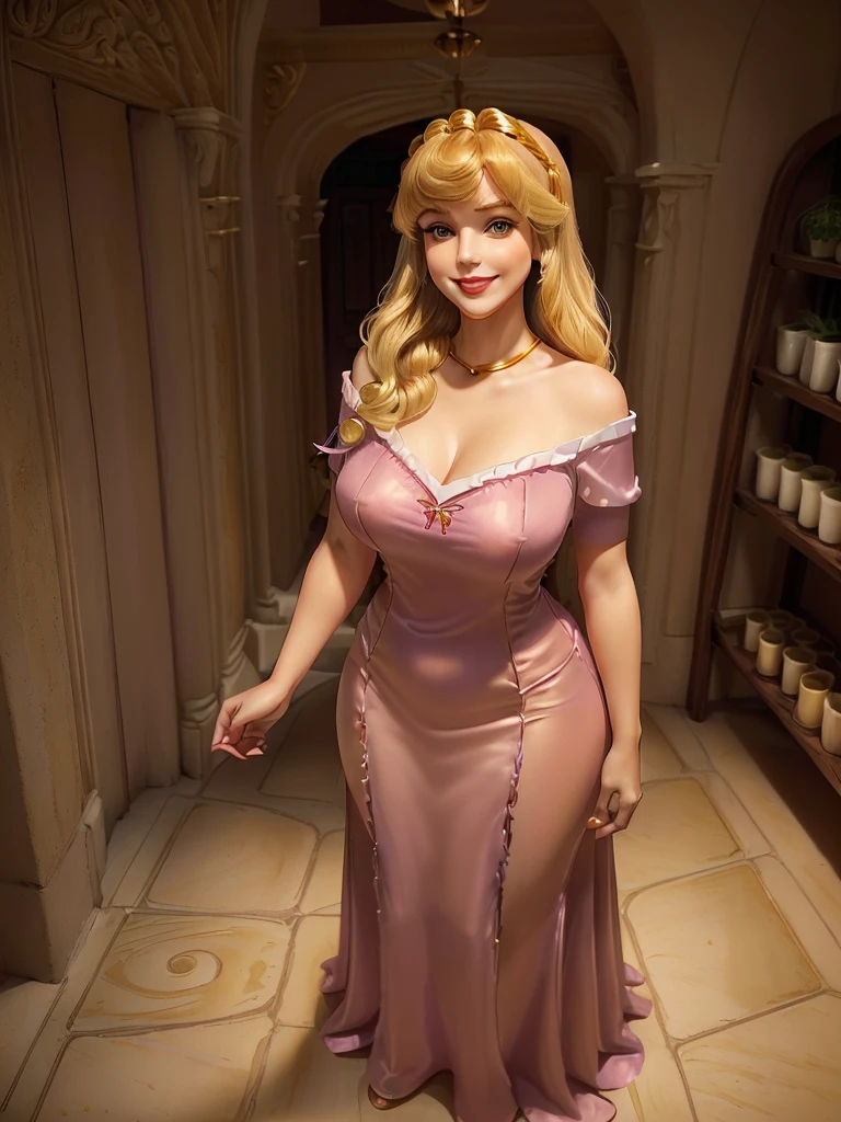 (((1 girl))) DisneyAurora, 27 years old, full body view Beautiful woman (((shoulder length wavy golden blonde hair, two side up with bangs))) defined body, voluptuous, sexy, Red lipstick, hands free, (((mouth slightly open, smiling))) (((standing facing camera))) ((( short sleeve, lavender nightgown ))), in a lounge by a large picture window on a yacht anchored by a tropical island (large_breasts:1.2) (curvy:1.1)(chubby:0.9)