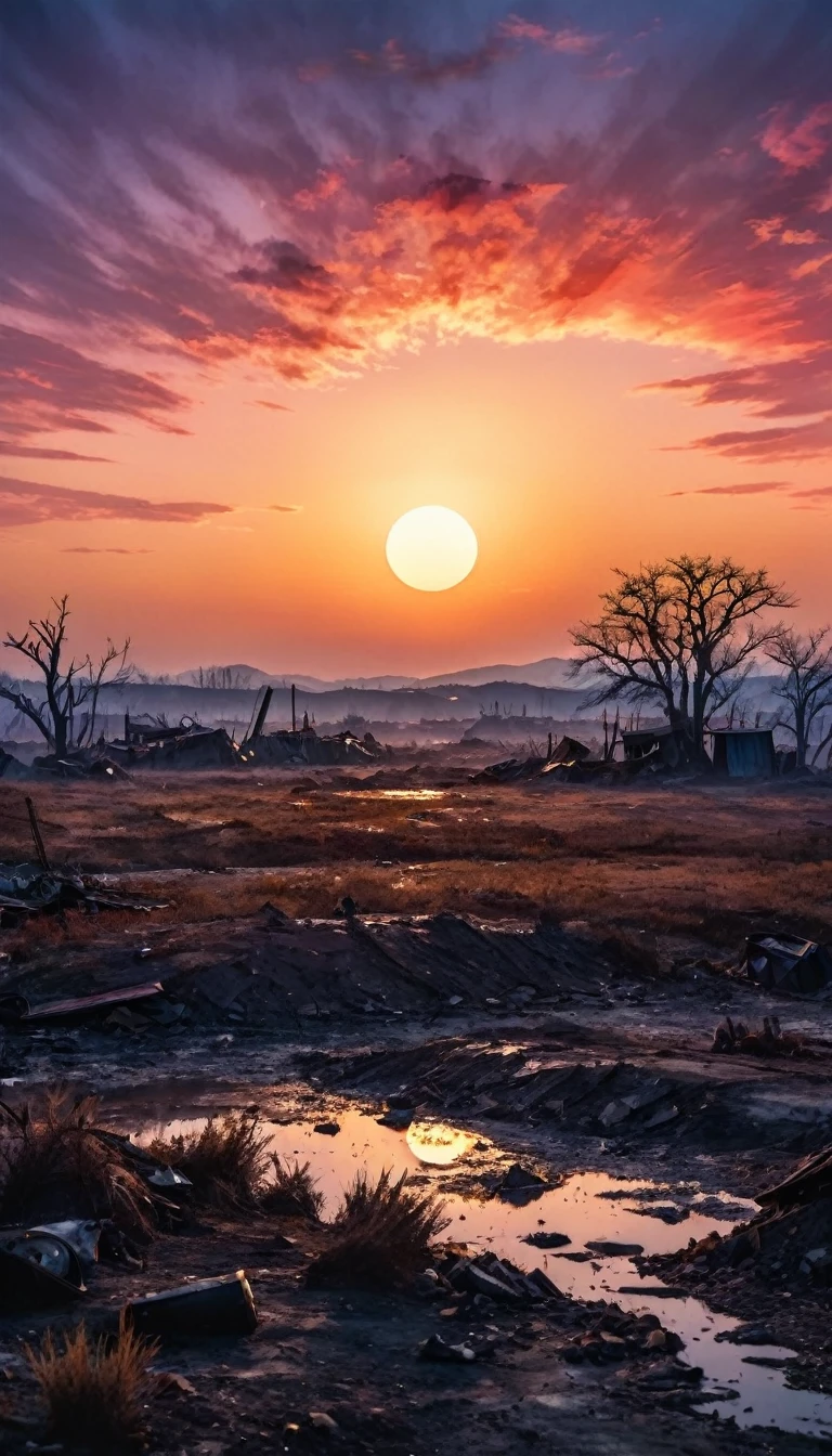 New dawn end of the world post apocalyptic sunset watercolor, High quality photos, 3-point lighting, flash with softbox, 4K, Canon EOS R3, High resolution, Smooth, Sharp focus, High resolution, Award-winning photo, 80mm, F2.8, Bokeh