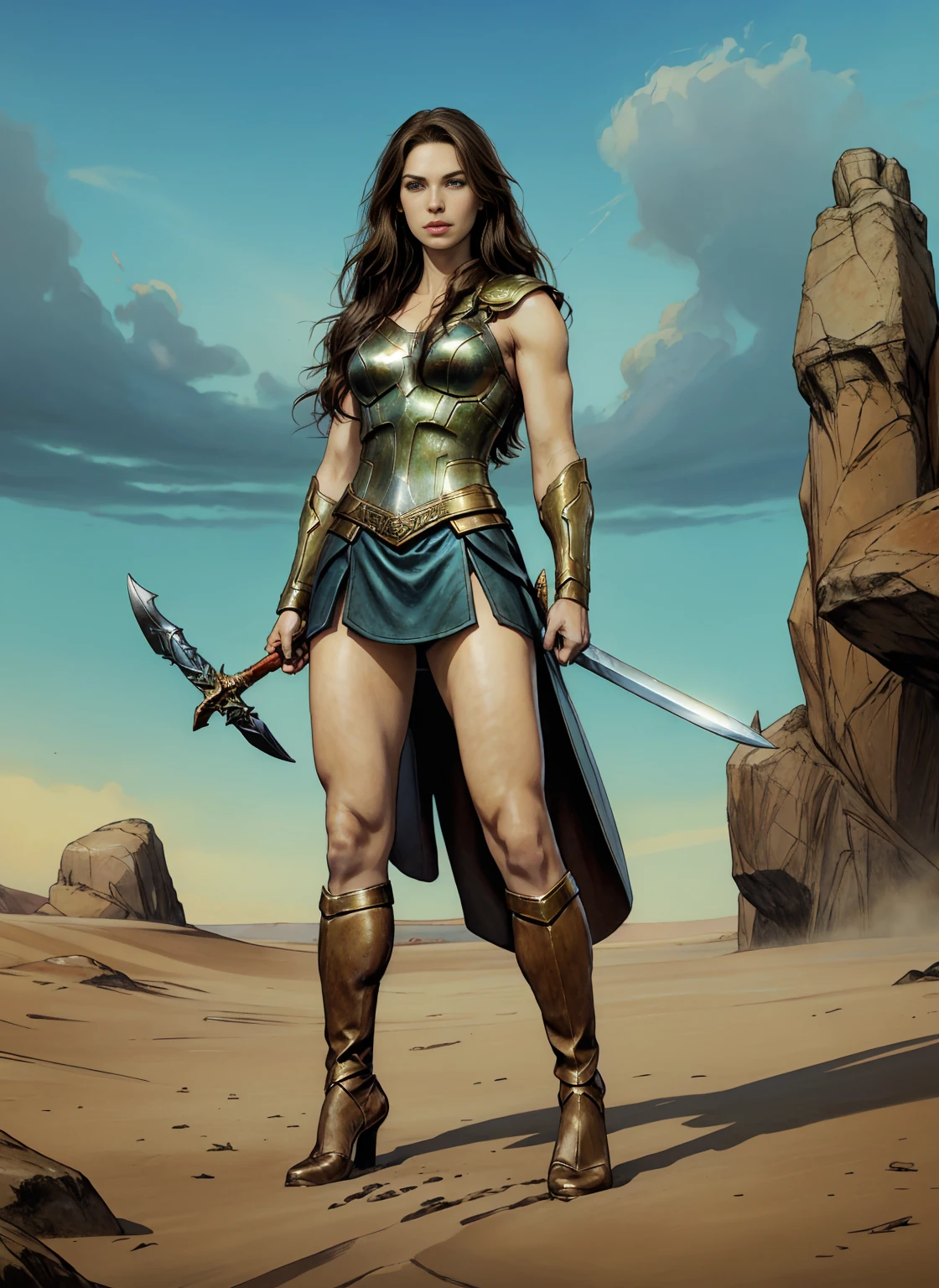 ((Full body photo, standing, feet on the ground)) Alison Tyler as a Valkyrie of Asgard, blue eyes, long brown hair, perfect body, Lady Knight, correct anatomy, holding a great magic sword, epic fantasy digital art, masterpiece, 8k, high definition resolution, detailed drawing, Superior Quality, Epic Composition, green eyes
, low heel ballet flats