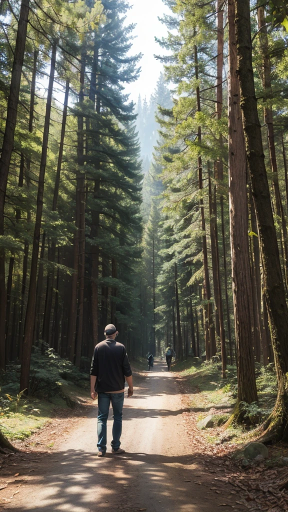 Man meets several people in the forest 