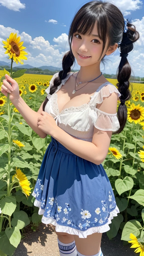 Japanese, high school girl, brown eyes, smiling face, young face, black hair, pigtails, blue ribbon hair ornament, cleavage, necklace, floral pattern blue and white short-sleeved dress, necklace, cleavage, blue miniskirt, black socks, blue shoes, blue sky and white cumulonimbus clouds, standing in front of a sunflower field, plateau view, foothills, nostalgic view, summer view, gravure photo shoot