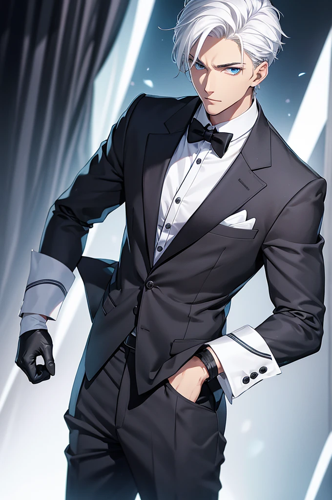 Handsome young man, Slender figure, white hair, Suit shirt,white skin,blue eyes,Wear black gloves.