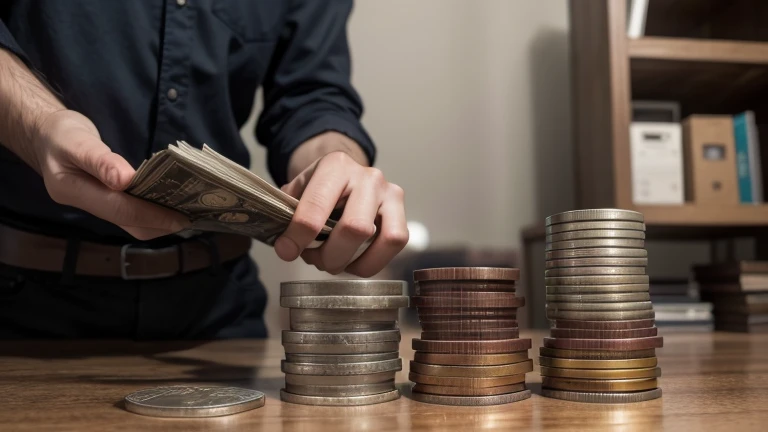 dark-haired man comparing two stacks of coins, one small and one large