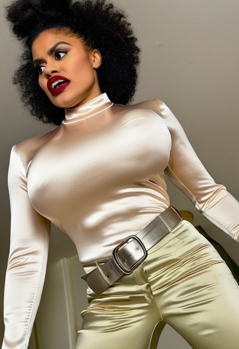 closeup shot from below, (muscular evil angry Zazie Beetz in pain showing closed teeth with flared nostrils and furrowed brows:1.5) in a (closed satin skintight buttondown band collar blouse with large shoulder-pads and extremely tight belt:1.6), tight hairbun, silk gloves, (widened eyes), (muscular arms), subtle evil stare with flared nostrils, (evil laugh), skintight satin pants defining her body, uptight, popped collar, stiff posture,
abnormally tight clothes 