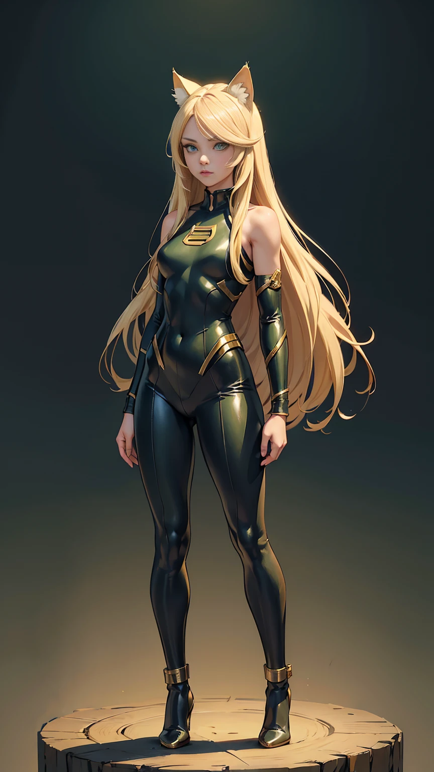 ((Full body photo, standing, feet on the ground)) , girl, long blonde hair, flowing blonde hair, cat ears, green eyes, in a superhero costume with leggings, masterpiece, high quality,low heel flats
,