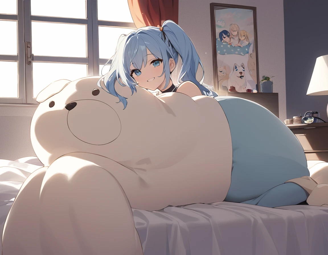 The room is decorated with many margaret flowers...、Margaret flowers on the windowsill、The morning sun is shining、Long light blue hair、beautiful girl with twin tails、Bright smile、Sitting on the bed hugging a big body pillow、My dog is watching over me beside my bed、Face Highlights