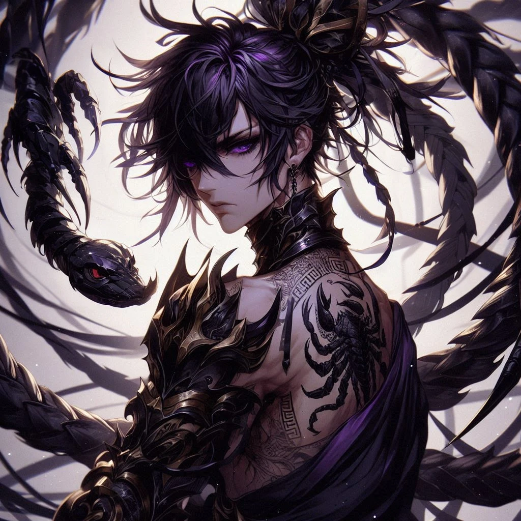 line-less manga style, semi realistic,  Baroque Anime Baroque Style, mature Male, messy dark purplish black long braid, Thick brows, Intense deep-set black penetrating eyes, dull seductive eyes, golden Armor assents, obsidian armor wrist and ankle armor, Sharp Features, full lips, armored scorpion tail, summoning circle tattoos all over body, upside down realistic scorpion on back in summoning circle, Greek style cloth loosely draped over waist, golden jewelry on braid, sultry half-lidded golden siren eyes, Unnaturally sluty narrow waist for male, water lily in hair, sickly pale, sunken eyes, skinny, black fingers long black nails, lankey limbs, long limbs, full male body