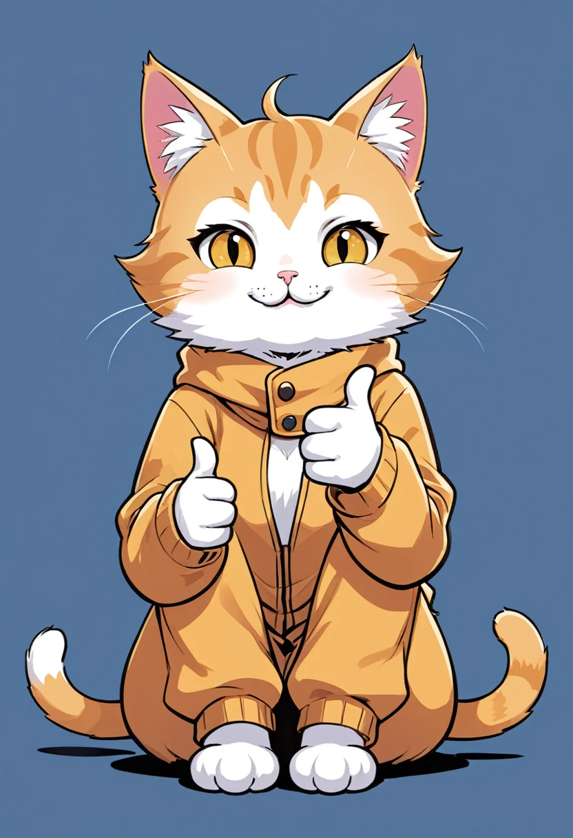 In the style of TOK, cute cat, thumbs up, comic, comic style, looking at the viewer, sitting, smiling, simple background
