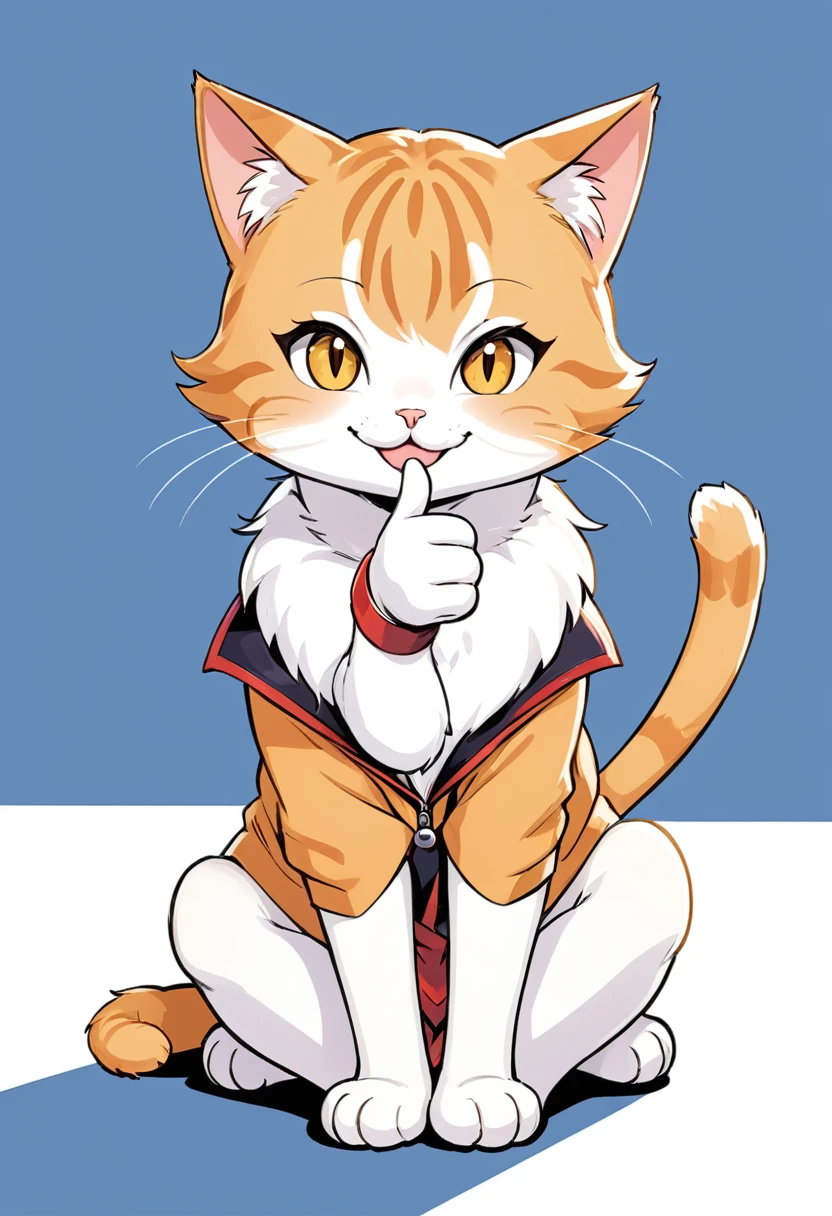 In the style of TOK, cute cat, thumbs up, comic, comic style, looking at the viewer, sitting, smiling, simple background