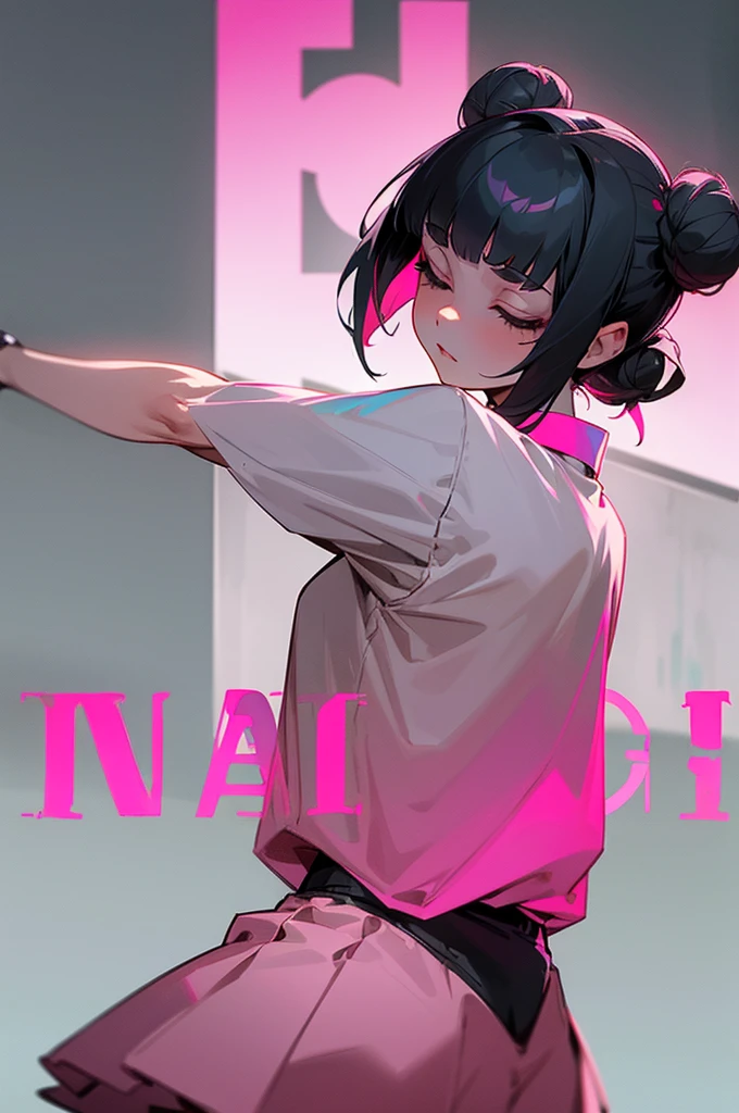 2 phut hon dance of tiktok, Blunt bangs, zombie girl, close up shot of hip, high-quality, full body shot, wearing sneaker, wearing pink short skirt, Double hair buns, Close set eyes, black hair, neon light, back shot, looking back, looking at the camera, low angle, Decisive pose, upper body