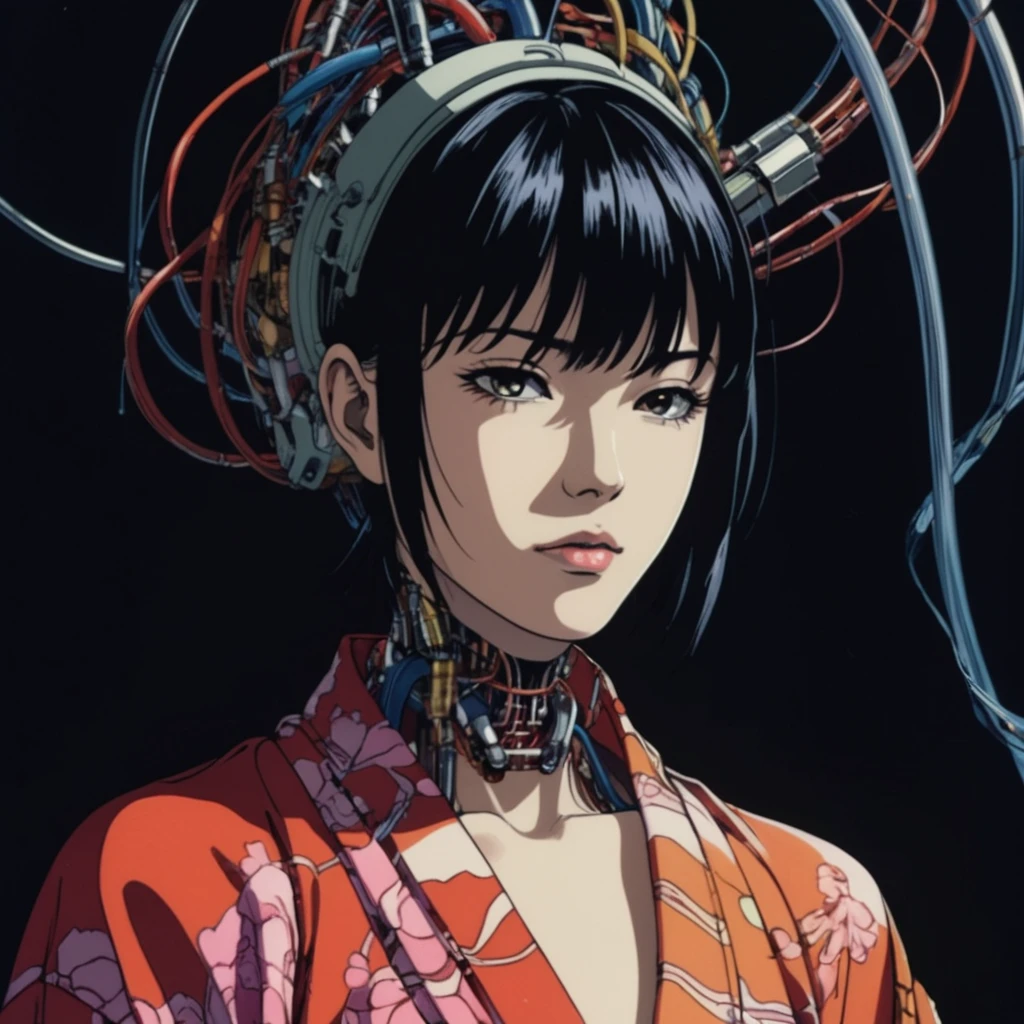 chiaroscuro ((3girl)), cyborg girls, horror tied colorful kimono, mechanical body rusty, expressionism, horror, tubes and wires, anime 2d illust, Art by Katsuhiro Otomo, Junggi Kim and Akira Toriyama  