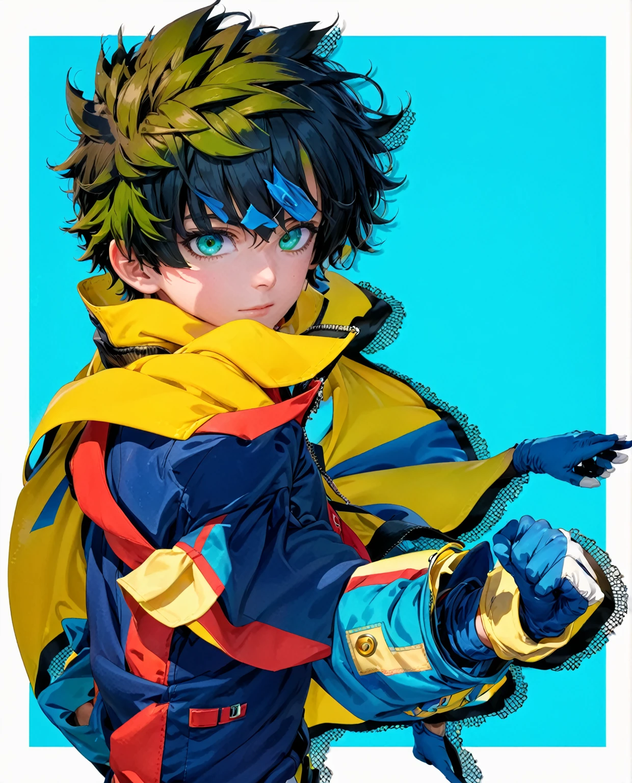 A closeup of a person wearing a green suit and a yellow cape, trend in Station, tall anime boy with blue eyes, manga cover style, trend in Station, shigenori soejima illustration, official art and wears special white gloves, red sleeves, technological