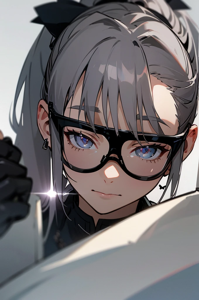 Masterpiece, best quality, delicate gray pupils, (gray high ponytail hair:1.3) silver wolf V4, 1 girl, solo, looking at the audience, bust, shy, cinematic lighting, cinematic sense, hair accessories, gloves, hair between eyes, jewelry, jacket, earrings, black gloves, stockings, lace gloves, gradient ski goggles, glasses worn on the head, face close-up, sense of story