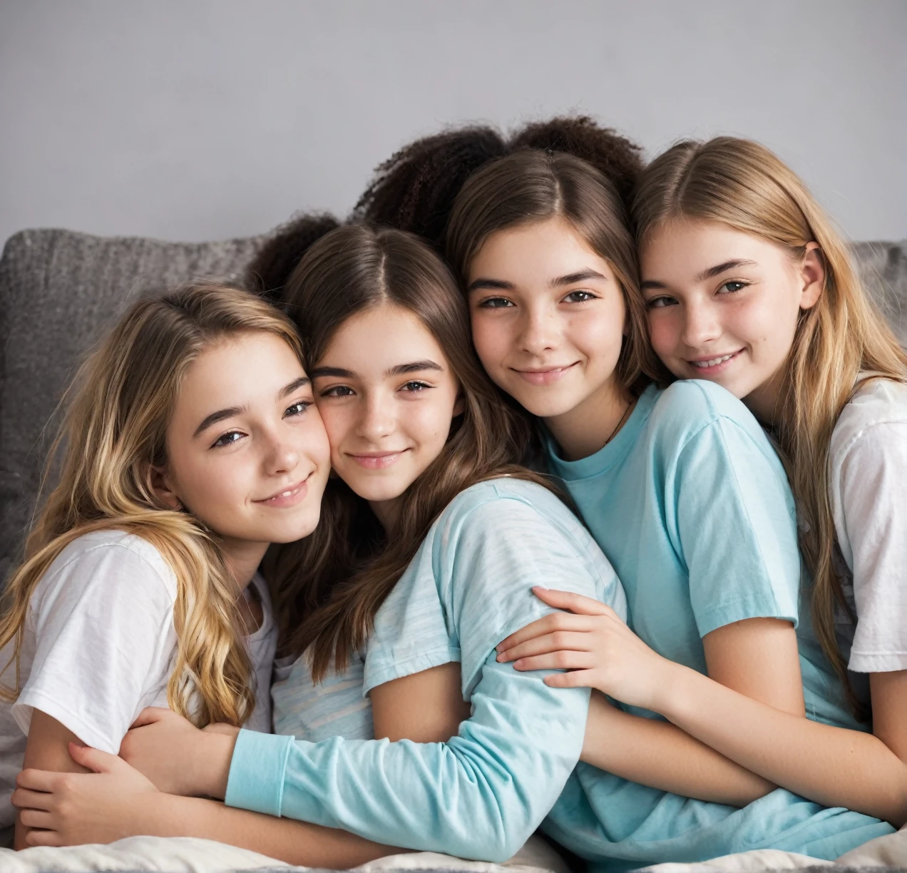 3 different cute teenagers cuddling together