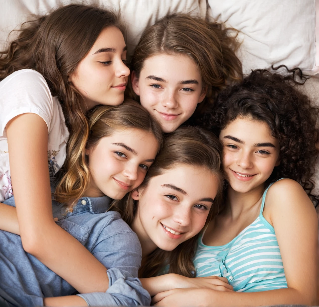 3 different cute teenagers cuddling together