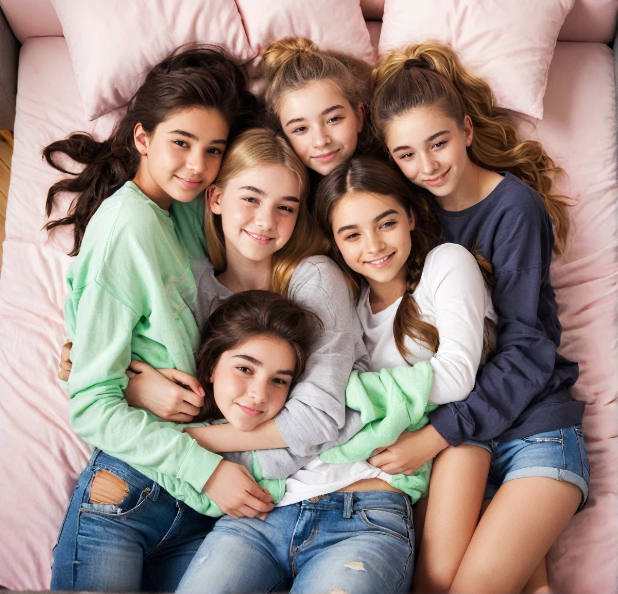 3 different cute teenagers cuddling together