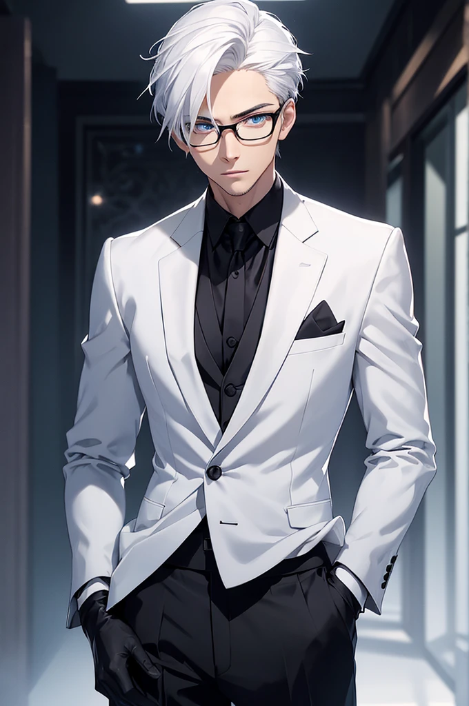 Handsome young man, Slender figure, white hair, Suit shirt,white skin,blue eyes,Wear black gloves.,There was a katana sword at his waist.,wearing black eyeglasses