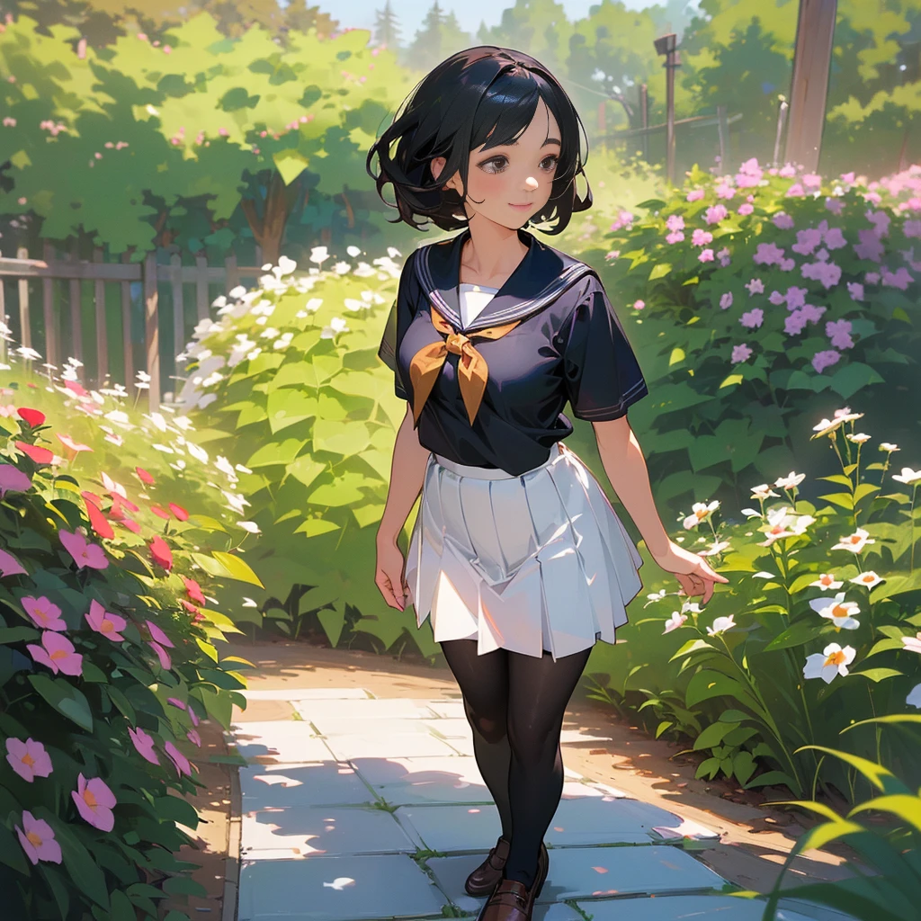 (Highest quality, High resolution, Super detailed, Realistic:1.37), Peaceful atmosphere, (Outdoor, garden), Teenage girl standing alone,(my breasts are big.),Beautifully detailed features, Cute Smile, ((Black bob hair)),Short-sleeved sailor uniform, Pleated skirt,Black tights,Brown leather shoes.