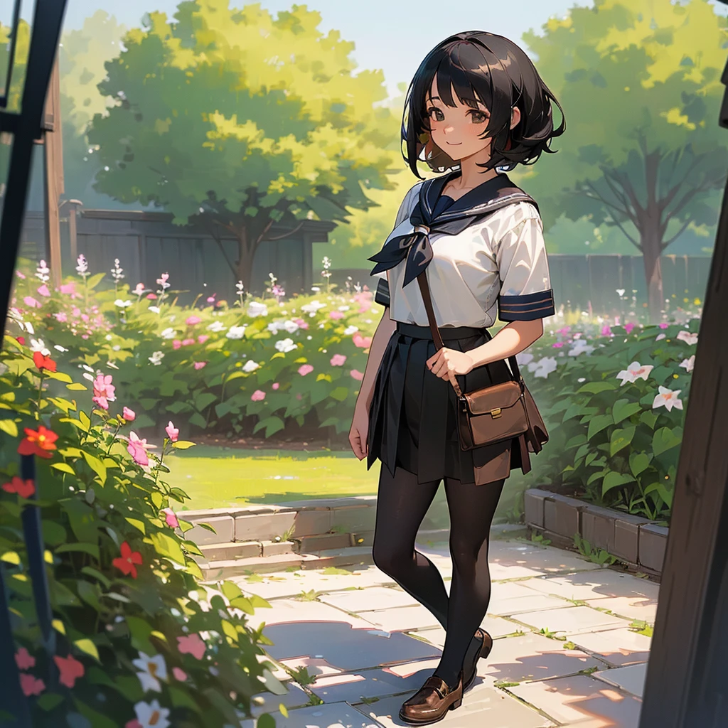 (Highest quality, High resolution, Super detailed, Realistic:1.37), Peaceful atmosphere, (Outdoor, garden), Teenage girl standing alone,(my breasts are big.),Beautifully detailed features, Cute Smile, ((Black bob hair)),Short-sleeved sailor uniform, Pleated skirt,Black tights,Brown leather shoes.
