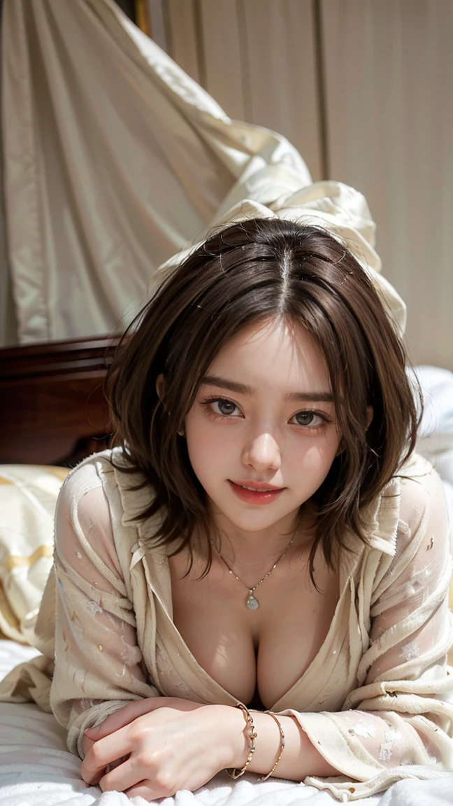 (Masterpiece, BestQuality:1.3), (ultra detailed:1.2), (hyperrealistic:1.3), (RAW photo:1.2),High detail RAW color photo, professional photograph, (Photorealistic:1.4), (realistic:1.4), ,professional lighting, (japanese), beautiful face, (realistic face), cute woman, (Brown Hair, Big Breasts:1.5), (Smile:1.7), Trending Hair&Trending Hairカラーをランダムに, earrings, necklace, bracelet, sexly, erotic sexly, Random sexy gravure poses, Walking, (((A woman in a silk gown、She is smiling sexily as she lies on a luxurious bed, her dressing gown open.。:1.2), Beautiful location, (Detailed Background):1.2))