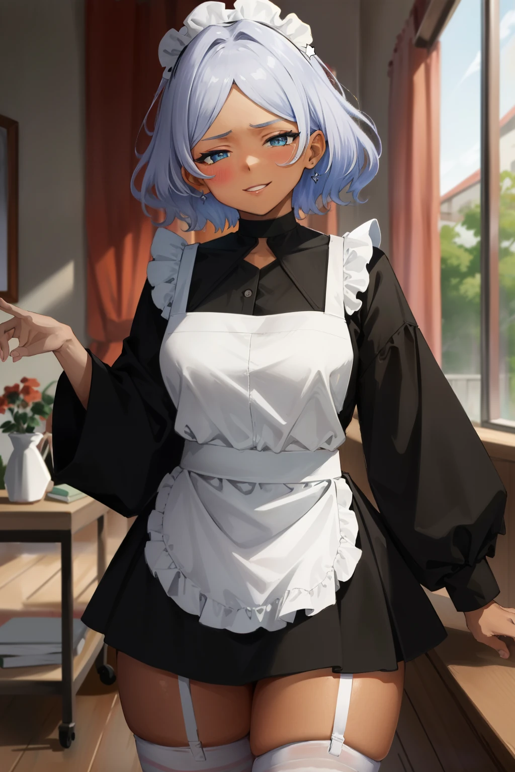 (Masterpiece), Best Quality, ultra-detailed, 1girl (Secelia Dote, naked body, short hair, dark skin, blue eyes, half-closed eyes), wicked smile, parted lips, solo, maid (black), frill, apron, maid headdress, ultra mini skirt, black lace thighhighs, garter belt, in the livingroom, standing, Sexy waist teasing, come-on, temptation