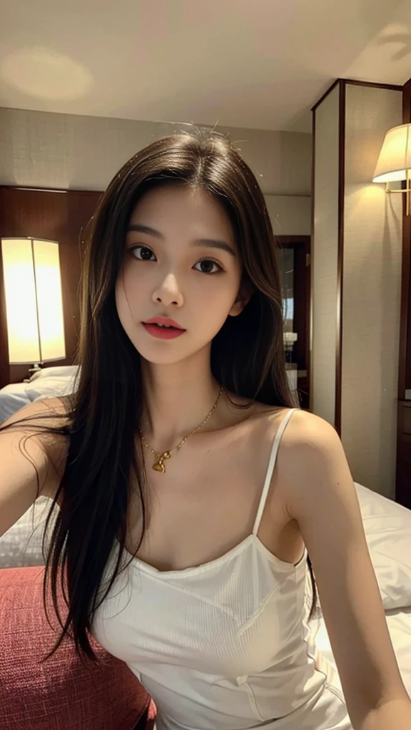 one girl,Beutiful women, Take a picture with a lot of zoom, At the hotel, wear a white camisole,long hair, wear a golden necklace, raise the corners of the mouth,random pose