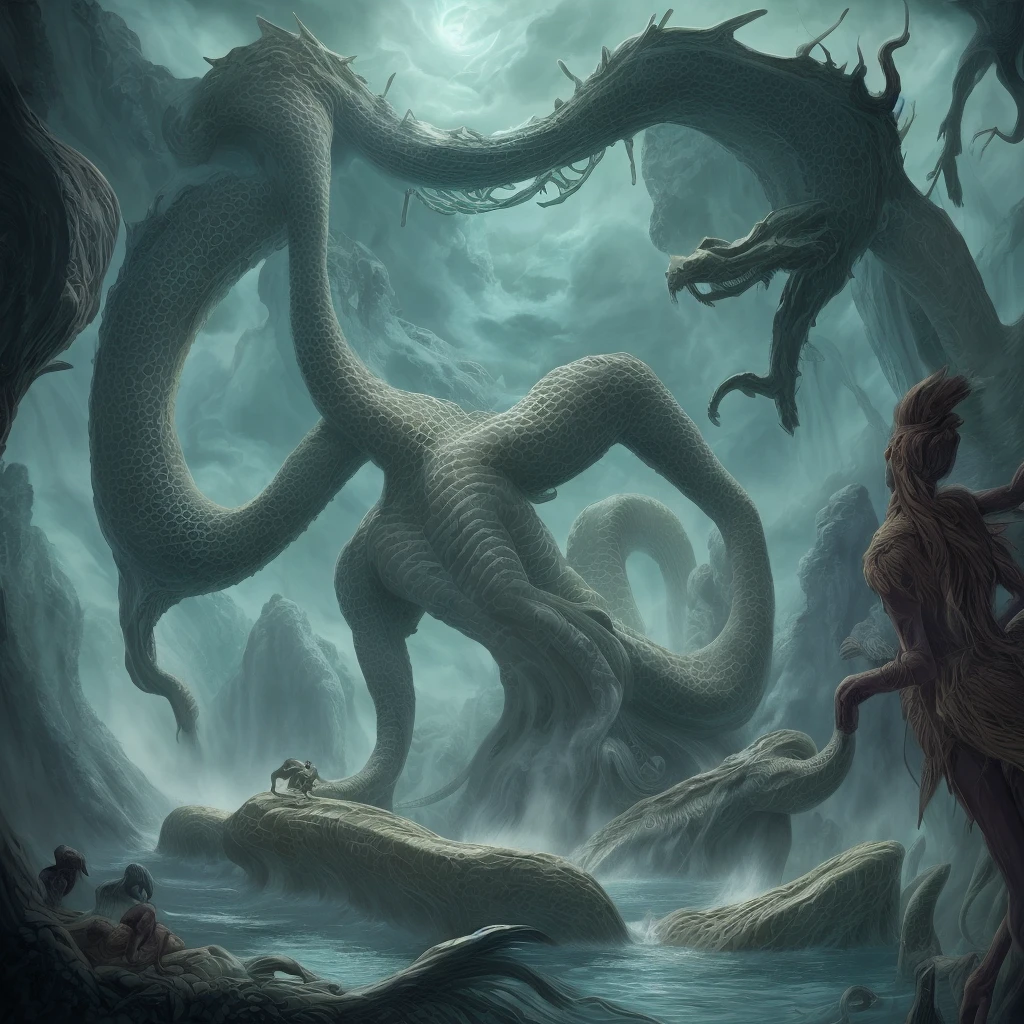 Create a mythological illustration that represents the beginning of the world with some primordial beings