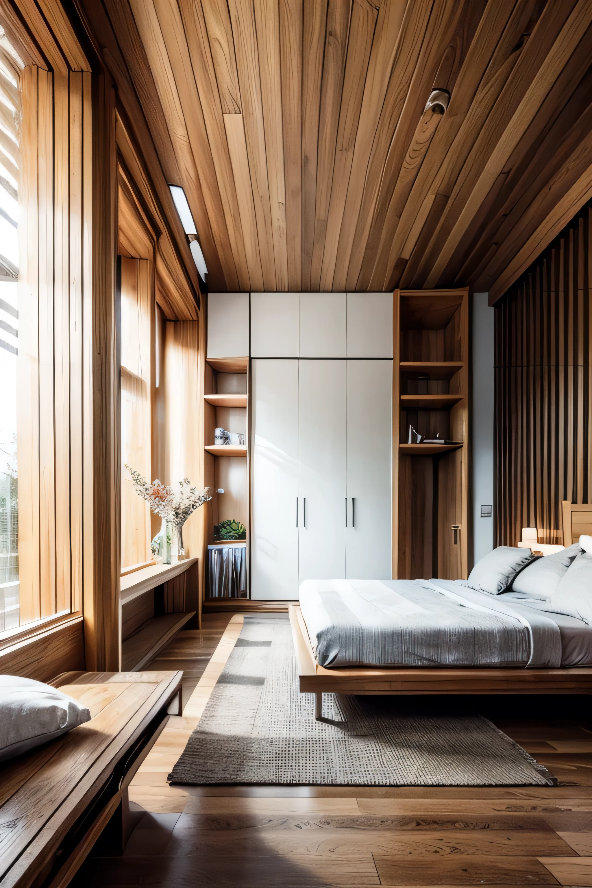 Wooden comfortable bedroom, wooden furniture, masterpiece, high details, high quality, professional photography, oak wood, chilling colors, good exposure, light colors, big bedroom, modern bedroom, modern design, wooden floor, wide windows, long mirror, wooden book shelfs