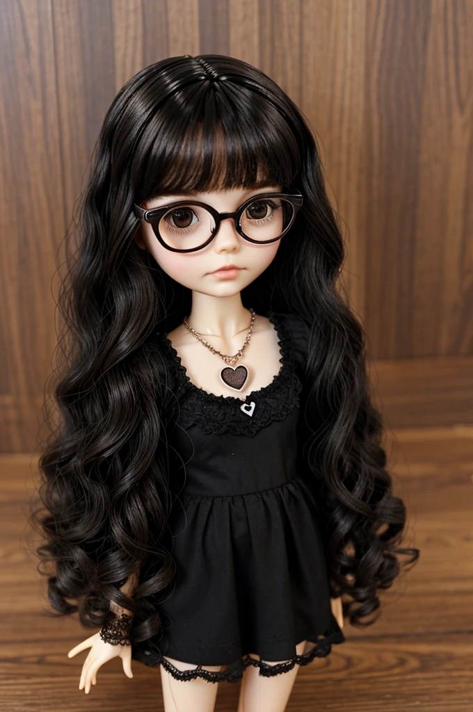 Blythe doll with black wavy hair, no bangs, dark brown eyes, with transparent glasses, wearing a top and a heart necklace, adapted into a blythe doll