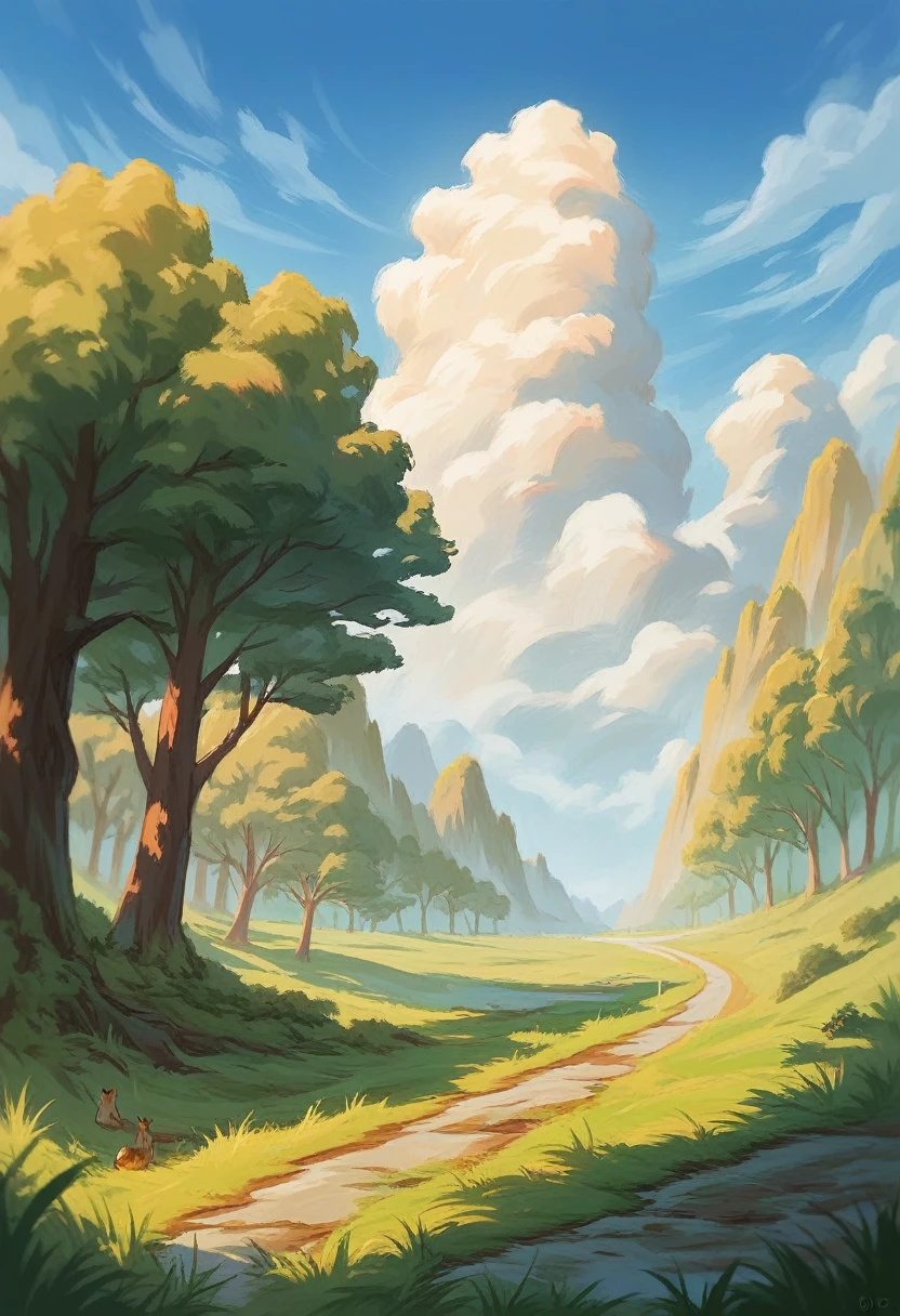 Background painting, summer countryside, grass and trees, waterways, summer sky and incoming clouds, clear contrast between sun and shadow, 8KHDR
