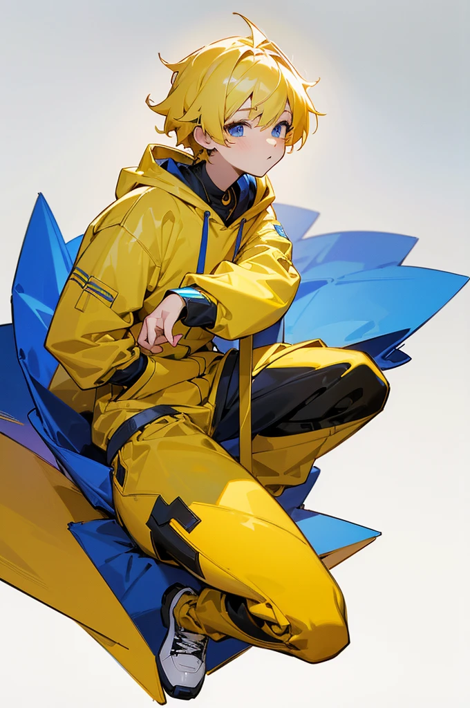 masterpiece, Best Quality, 4K, high resolution, ultra-detailed, High resolution, Ultra HD, sophisticated details, line art, thick lines, Backlight, ((Full body shot)), ((No background)), ((White background)), boy with yellow hair, blue eyes, cute, chibi, yellow jacket, hoodie, sitting down
