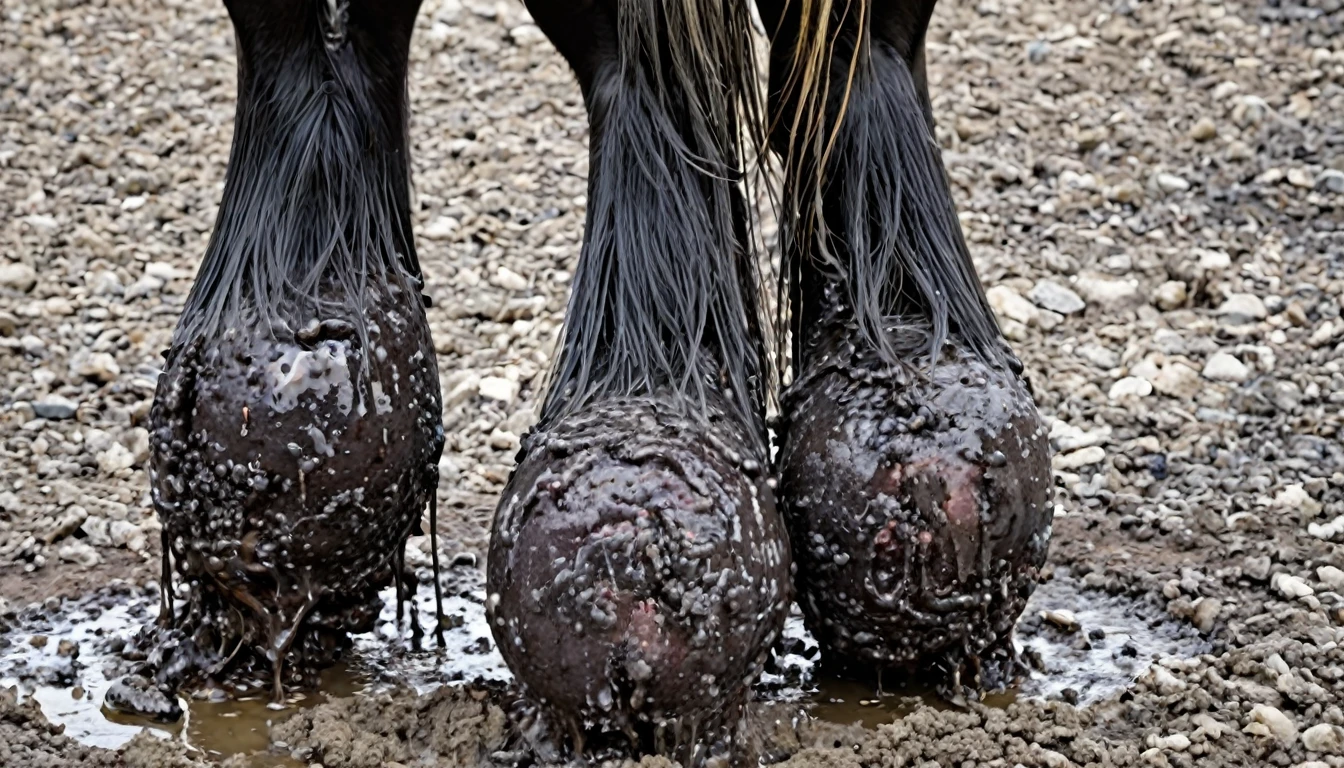 lumps of horse excrement oozing out of big horse rectum. full rear view rectum (bum, legs, hooves, body, head)