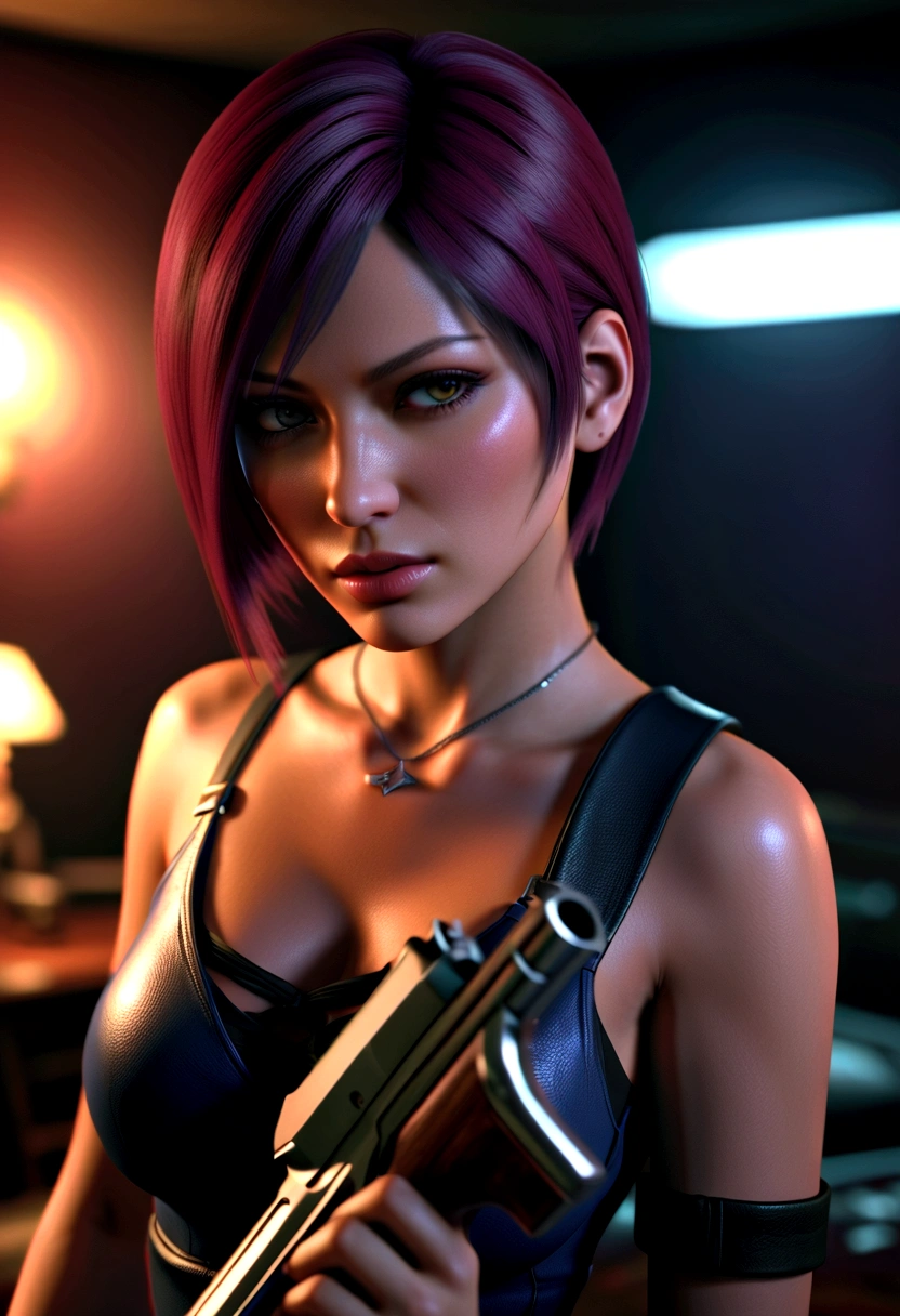 arafed woman holding a gun in a dimly lit room, 8k portrait render, glamorous jill valentine, deayami kojima, game cg, yayoi kasuma, rendered in sfm, portrait of tifa lockhart, hints of yayoi kasuma, perfect dark, photorealistic shot, video game render, faye valentine, female lead character  