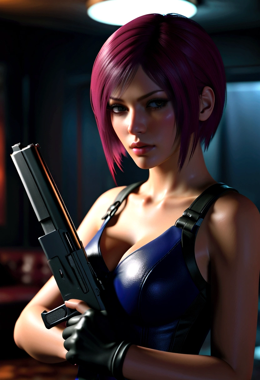 arafed woman holding a gun in a dimly lit room, 8k portrait render, glamorous jill valentine, deayami kojima, game cg, yayoi kasuma, rendered in sfm, portrait of tifa lockhart, hints of yayoi kasuma, perfect dark, photorealistic shot, video game render, faye valentine, female lead character  