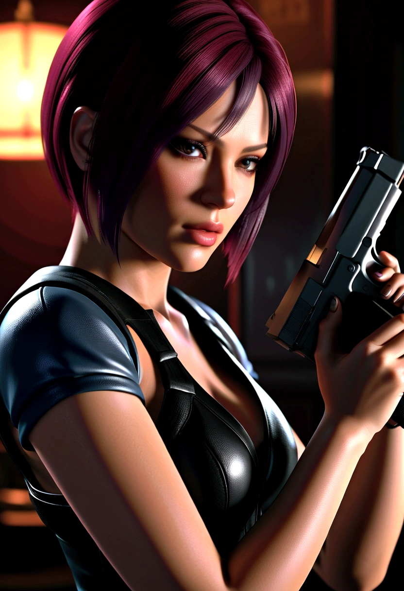 arafed woman holding a gun in a dimly lit room, 8k portrait render, glamorous jill valentine, deayami kojima, game cg, yayoi kasuma, rendered in sfm, portrait of tifa lockhart, hints of yayoi kasuma, perfect dark, photorealistic shot, video game render, faye valentine, female lead character  