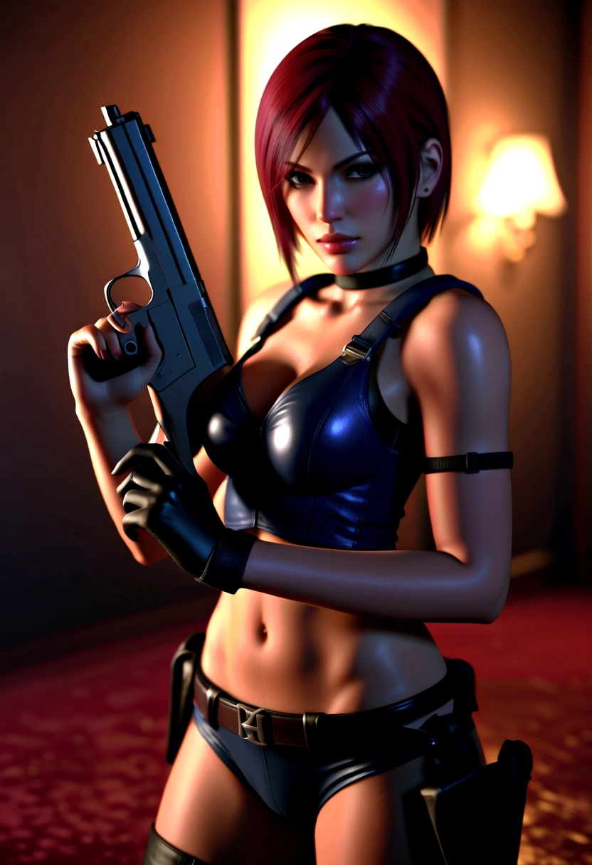 arafed woman holding a gun in a dimly lit room, 8k portrait render, glamorous jill valentine, deayami kojima, game cg, yayoi kasuma, rendered in sfm, portrait of tifa lockhart, hints of yayoi kasuma, perfect dark, photorealistic shot, video game render, faye valentine, female lead character  