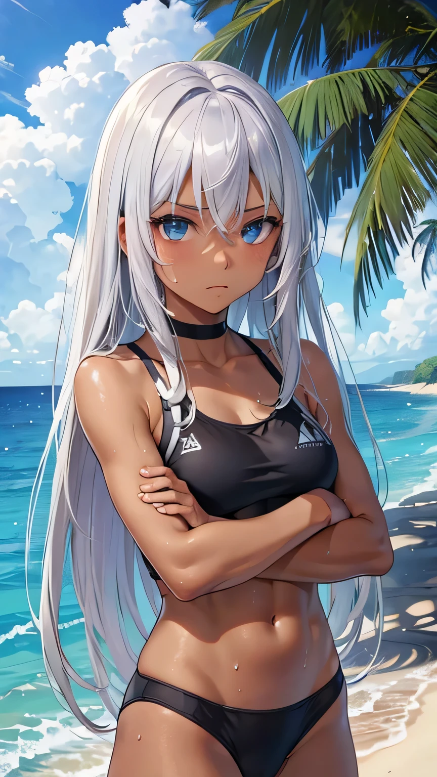 highest quality、Realistic、Silver Hair、Light blue eyes、Long Hair、Swimwear、Tanned black body、A well-trained body、muscle、athlete、Tan Skin、Brown black skin、slender、Sweat、Arms crossed、Ocean、Bust Shot
