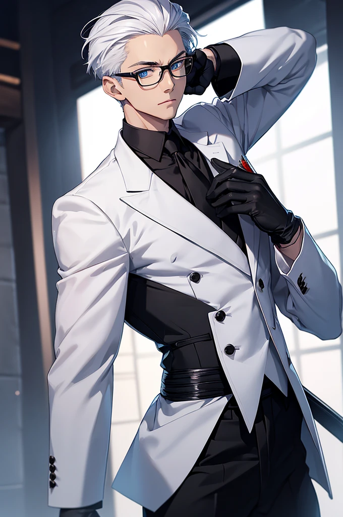 Handsome young man, Slender figure, white hair, Black suit shirt,white skin,blue eyes,Wear black gloves.,There was a katana sword at his waist.,wearing black eyeglasses