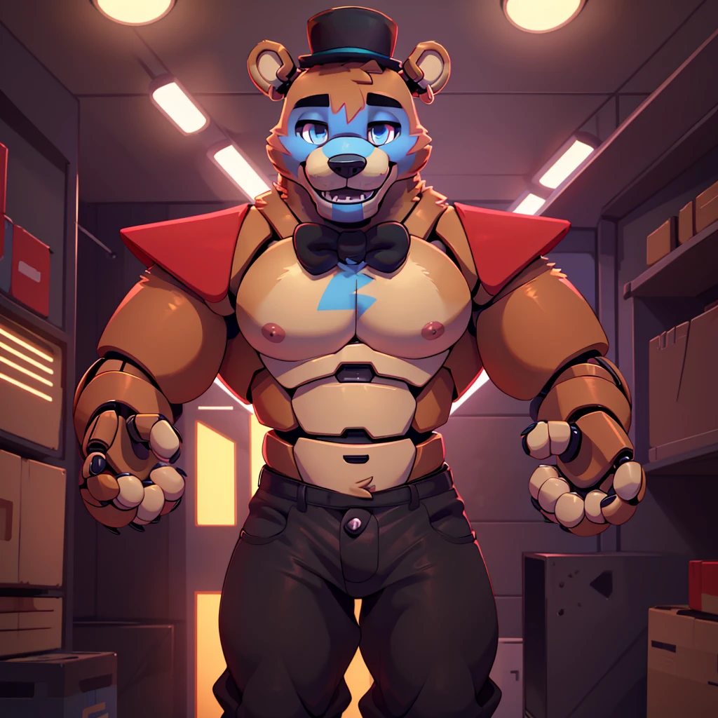 (masterpiece), ((perfect anatomy)), (high Res), (4k), bear, buff, strong, (robot), animatronic, happy, (red open shirt)), ((black pants)), ((black hat)), (cute artstyle), (((solo)))