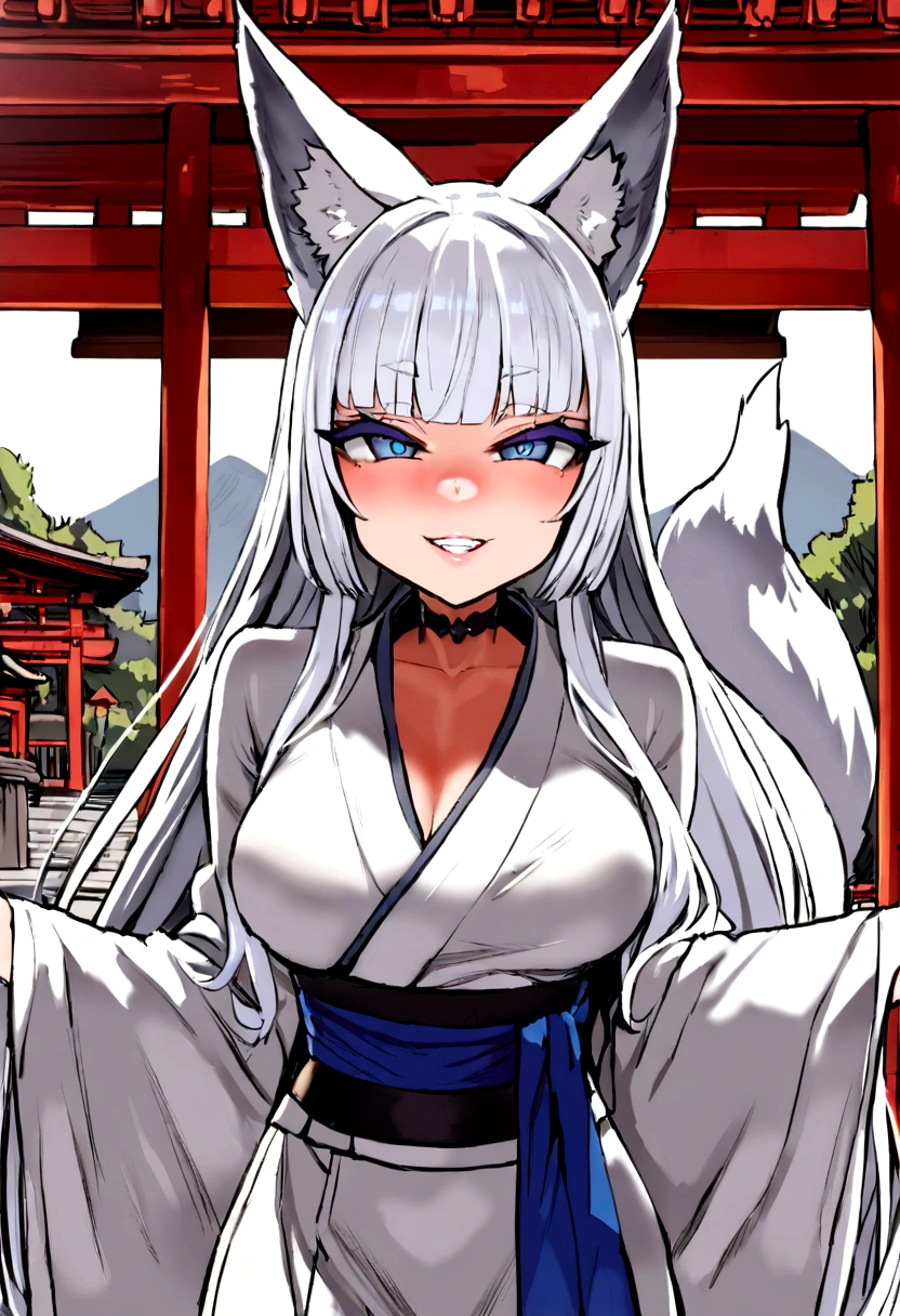 masterpiece, best quality, kitsune 1girl, solo, beautiful kitsune woman, fox ears, bangs, white hair, very long hair, blue eyes, grin, medium breasts, black choker, white kimono, long kimono, long kimono sleeves, blue sash, 5 white fox tails, white hair, looking at viewer, shrine background