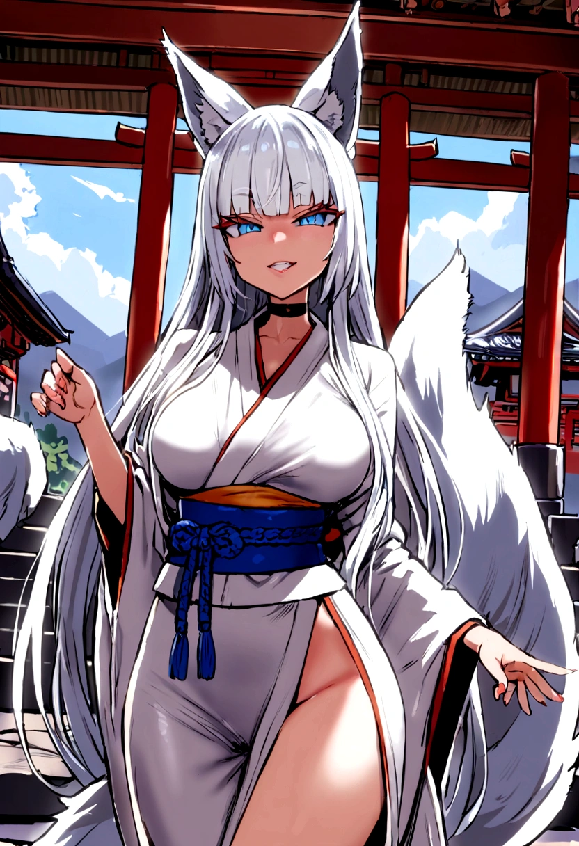 masterpiece, best quality, kitsune 1girl, solo, beautiful kitsune woman, fox ears, bangs, white hair, very long hair, blue eyes, grin, medium breasts, black choker, white kimono, long kimono, long kimono sleeves, blue sash, 5 white fox tails, white hair, looking at viewer, shrine background