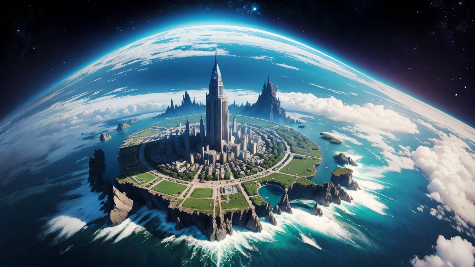 1 20 yo , Holding the blue planet in hand, To be not ar, Aerial view, science fiction city, There's brightness,