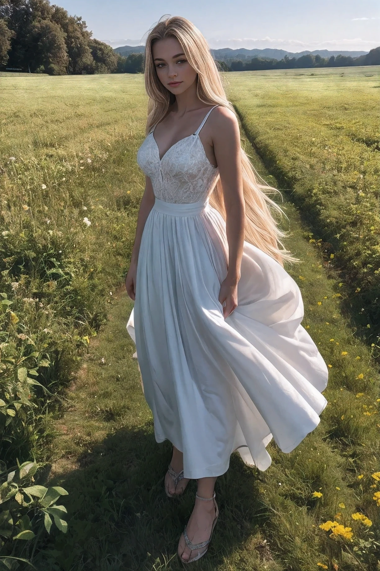 A woman with very long blonde hair is standing in a magnificent field containing of turqouis diamond roses