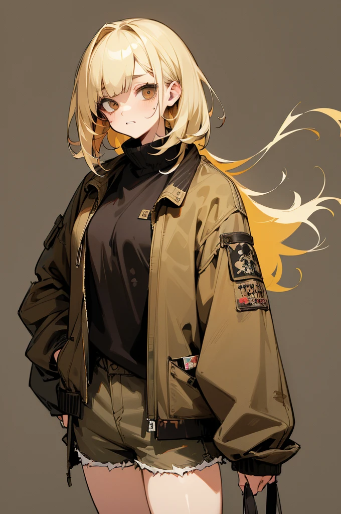 1GIRL, cute girl, finely detailed, (best quality), (intricate details), cute style, , hunter style, zombie apocalypse style, multicolored, ((medium blonde hair)), best quality, ((brown and black clothes)), ((oversized jacket and shorts)), ((distressed style clothes)), ((round eyes)), beautiful face, cute face, pinup, perfect face, simple background portrait
