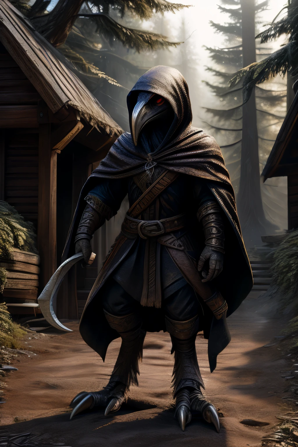 1man, kenku:1.2, talons, black feather, red eyes, black hood, armor, sickle, outdoors, realistic:1.3, in the forest, medieval, half body, cowboy shot, alloldrpgarts1 RpgRiftingInThe90s, extremely high quality RAW photograph, detailed background, intricate, Exquisite details and textures, highly detailed, ultra detailed photograph, warm lighting, 4k, sharp focus, high resolution, detailed skin, detailed eyes, 8k uhd, dslr, high quality, film grain, Fujifilm XT3,