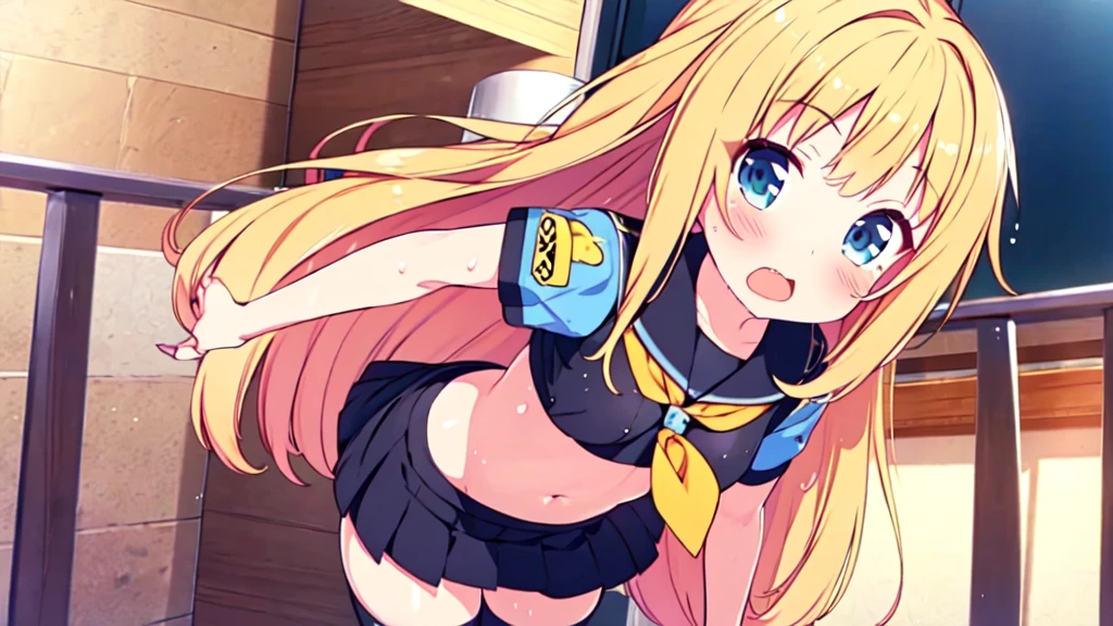 master piace, best quality,ultra hyper-detailed,8K_wall paper,(Beautiful eyes),((a cute)),(Wonderful),(erotick),anime moe art style,1girl in,独奏,,Mini skirt,1girl in,,black har,shirts,Long hair,,Navel,,Small breasts,,(((zettai ryouiki))),Wet T-shirt:1.5,Short sleeves,Open mouth,double tooth,